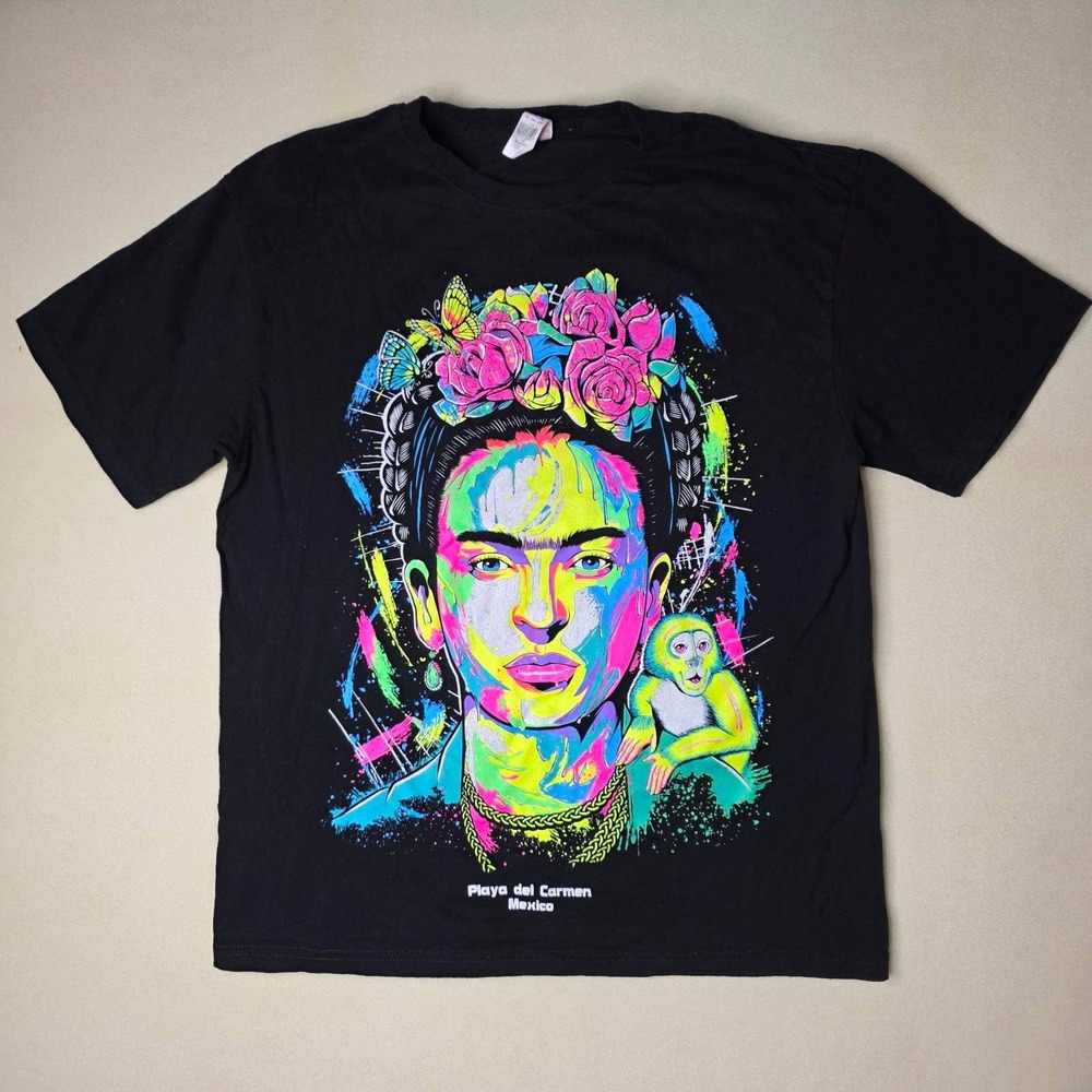 Frida Kahlo Cancun Mexico Graphic T-Shirt Black Neon Pop Art Monkey Mens L Large